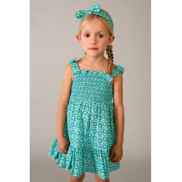 Rochie cu model floral si bentita - Verde/Galben