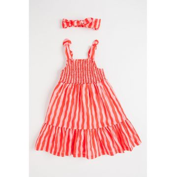 Rochie cu model in dungi si bentita - Rosu/Roz