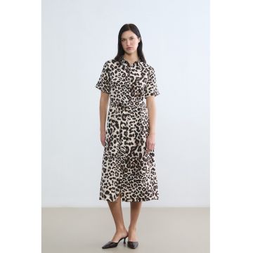 Rochie cu model si maneci scurte si guler - Maro/Bej