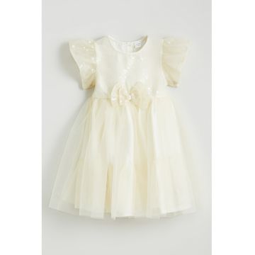 Rochie cu paiete si strat exterior din tul - Galben pal