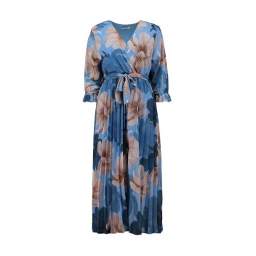 Rochie cu pliuri si decolteu cache-coeur - Albastru inchis/Bej deschis