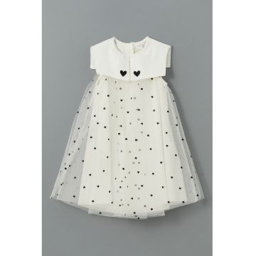 Rochie cu tul si imprimeu si inimi - Alb/Negru