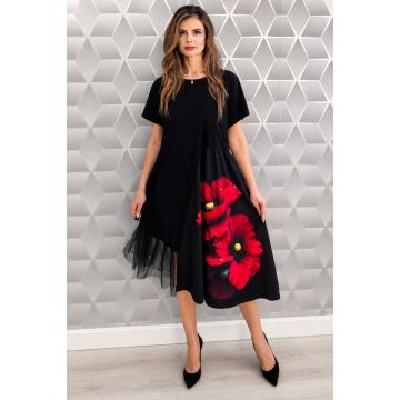 Rochie de zi Arty Fiora, cu tull si maneca scurta, Velvet Poppy, Marime S/M/L