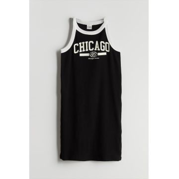 Rochie din amestec de bumbac cu imprimeu text - Negru