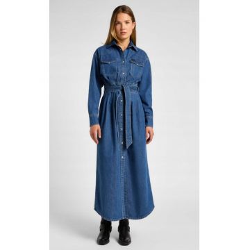 Rochie din denim  Belted Western Dress - lunga - albastru inchis - 100% bumbac - cu curea -