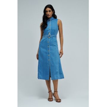 Rochie din denim cu nasturi si cordon in talie