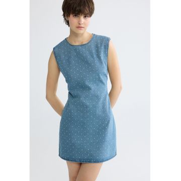 Rochie din denim - fara maneci - cu strasuri - Albastru