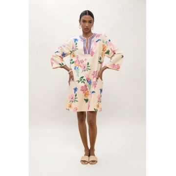 Rochie dreapta din bumbac si in cu model tropical - Roz deschis/Albastru/Bej deschis
