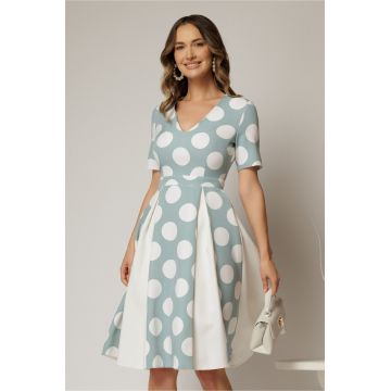 Rochie DY Fashion bleu cu buline mari si pliuri ample in contrast