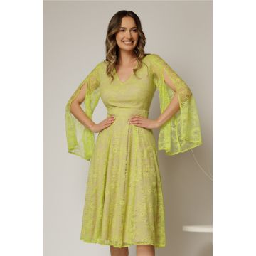 Rochie DY Fashion galben lime din dantela cu maneci lungi crapate si decolteu in V