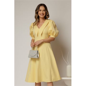 Rochie DY Fashion galbena in clini cu guler ascutit si maneci scurte bufante