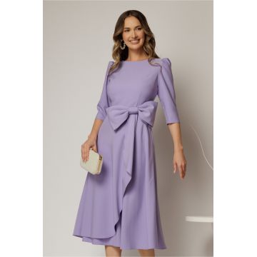 Rochie DY Fashion lila cu funda ampla in talie decolteu rotund maneci trei sferturi