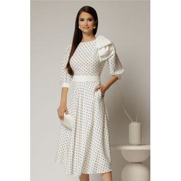 Rochie DY Fashion midi alba cu buline si funda ampla pe umar
