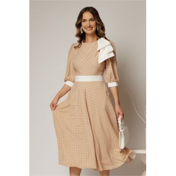 Rochie DY Fashion midi bej cu buline si funda ampla pe umar
