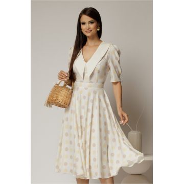 Rochie DY Fashion midi din triplu voal cu buline si guler ascutit si nasturi la maneci