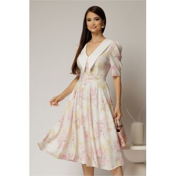 Rochie DY Fashion midi din triplu voal cu print roz galben si guler ascutit si nasturi la maneci