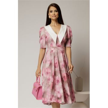Rochie DY Fashion midi din triplu voal cu print roz si guler ascutit si nasturi la maneci