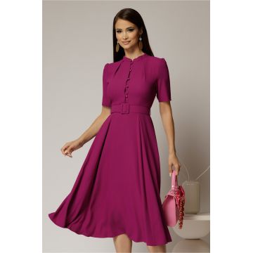 Rochie DY Fashion midi magenta in clos din triplu voal cu nasturi la bust si curea in talie