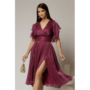 Rochie DY Fashion midi mov pruna cu manecile suprapuse si decolteu petrecut