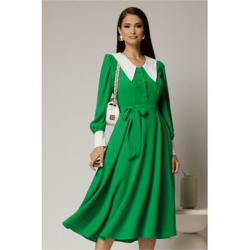 Rochie DY Fashion midi verde cu guler si mansete in contrast