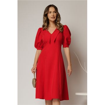 Rochie DY Fashion rosie in clini cu guler ascutit si maneci scurte bufante