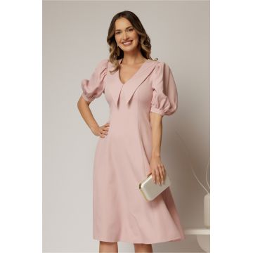 Rochie DY Fashion roz in clini cu guler ascutit si maneci scurte bufante