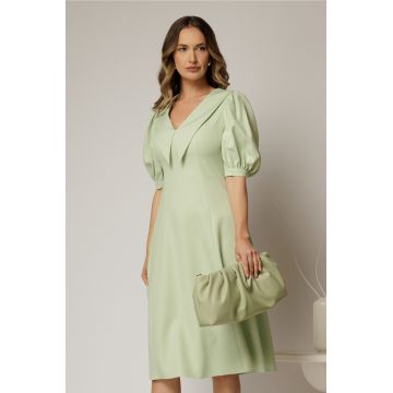 Rochie DY Fashion verde fistic in clini cu guler ascutit si maneci scurte bufante
