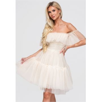 Rochie eleganta din tul roz - cu umeri goi si volane delicate - Ecru -