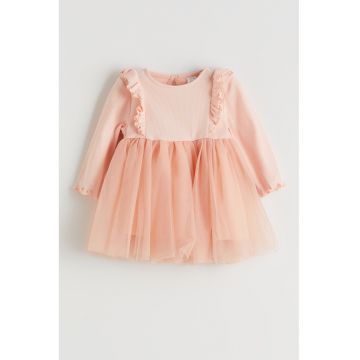 Rochie evazata cu aplicatie din tul - Roz somon
