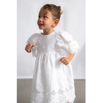 Rochie evazata cu broderie florala si decolteu in V pe spate - Alb optic