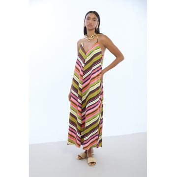 Rochie evazata cu dungi - Roz/Verde mar/Violet pruna