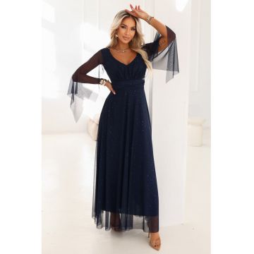 Rochie evazata cu garnituri de plasa si particule stralucitoare - Bleumarin