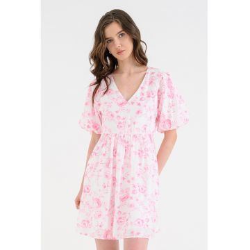 Rochie evazata cu imprimeu floral - Roz deschis/Alb murdar