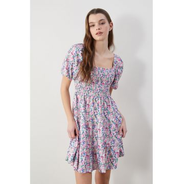 Rochie evazata cu model floral - Albastru inchis/Lila
