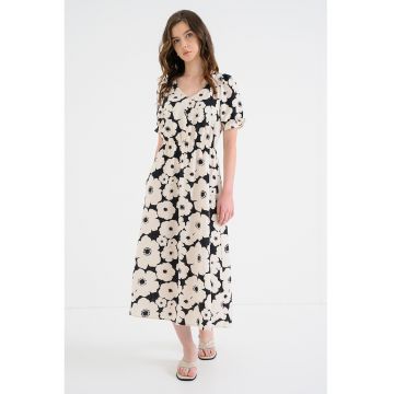 Rochie evazata cu model floral - Negru/Bej