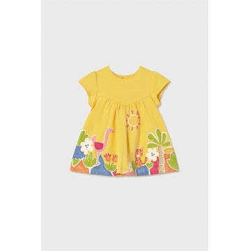 Rochie evazata de bumbac cu model - Galben pai