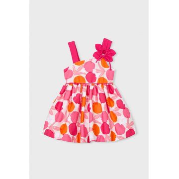 Rochie evazata din amestec de bumbac cu aplicatii florale - Alb/Portocaliu/Fucsia