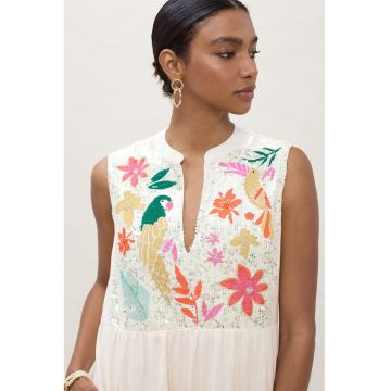 Rochie evazata din amestec de bumbac si in - Alb fildes/Portocaliu neon/Maro camel