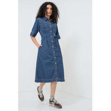 Rochie evazata din denim cu nasturi - Albastru prafuit