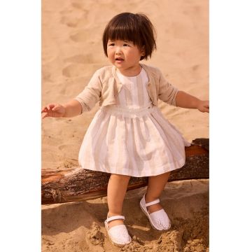 Rochie in dungi cu garnitura brodata - Alb/Maro camel