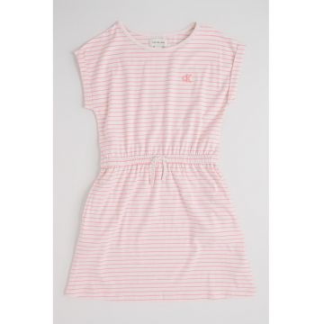 Rochie in dungi cu maneci scurte - Roz pastel