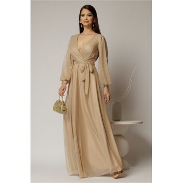 Rochie lunga bej cu glitter cu decolteu petrecut si cordon in talie