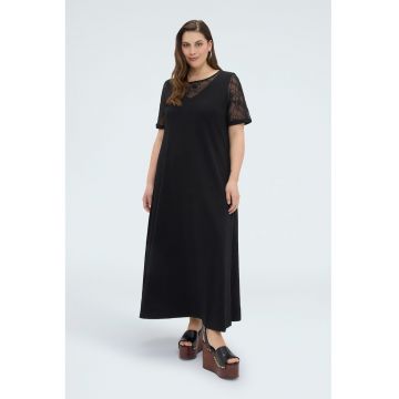 Rochie lunga cu insertii din dantela cu model floral - Negru