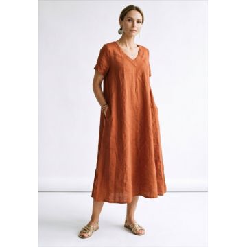 Rochie lunga din in A-line cu decolteu in V si croiala lejera, caramizie