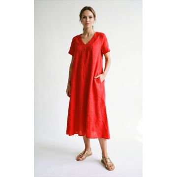 Rochie lunga din in A-line cu decolteu in V si croiala lejera, rosie