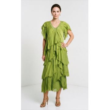 Rochie lunga din matase cu volane suprapuse asimetrice si paiete fine la decolteu, verde olive