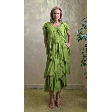 Rochie lunga din matase cu volane suprapuse asimetrice si paiete fine la decolteu, verde olive