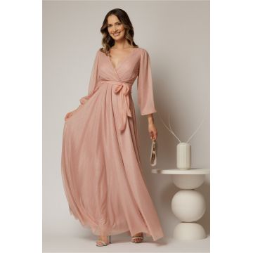 Rochie lunga roz cu glitter cu decolteu petrecut si cordon in talie