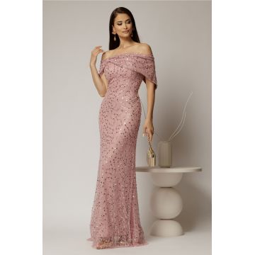 Rochie lunga roz de seara din dantela cu perle si paiete