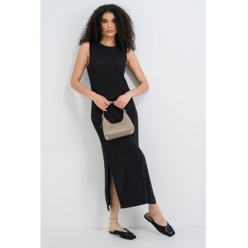 Rochie lunga tricotata fin cu slituri laterale - Negru